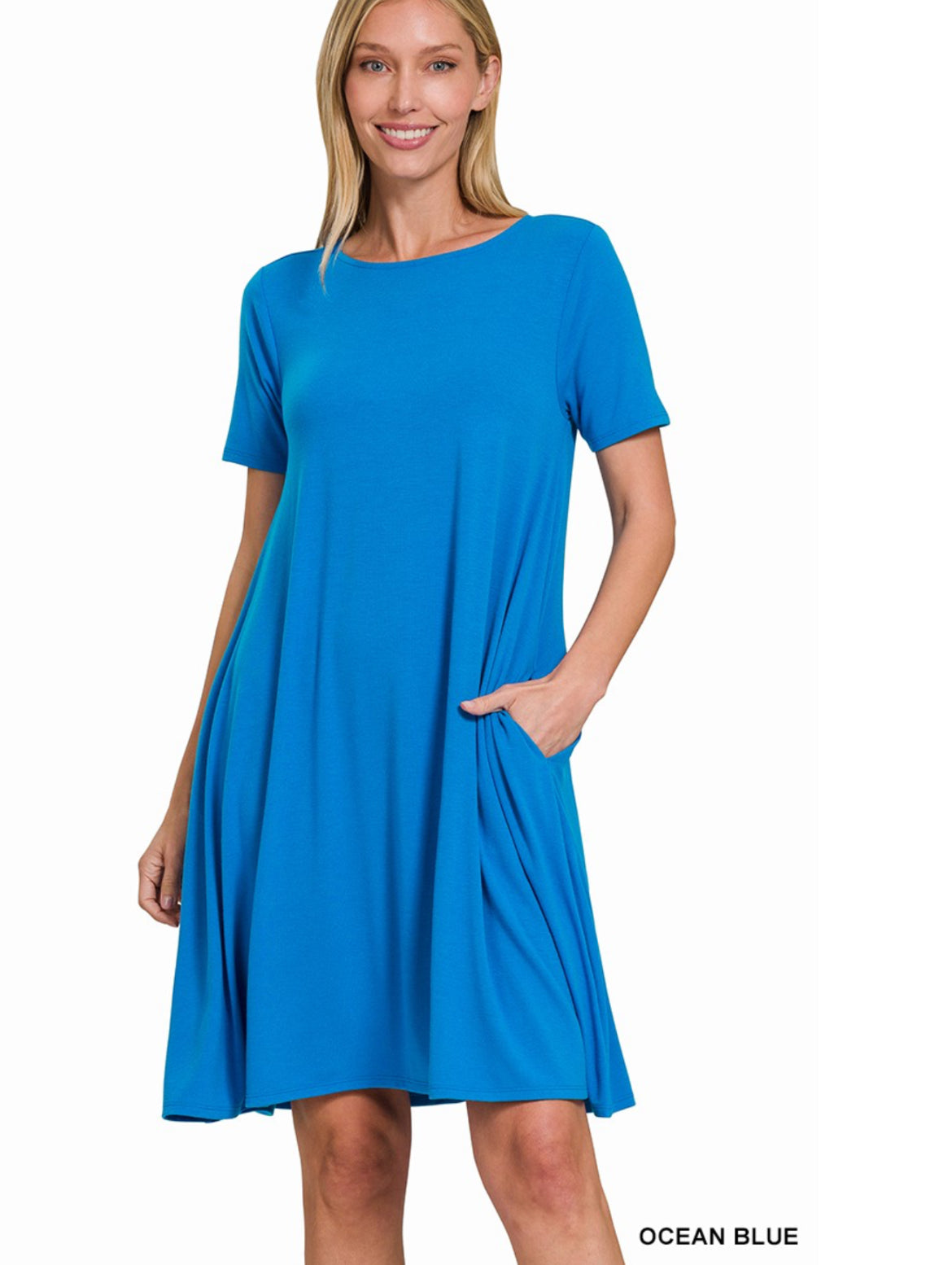 Zenana Short Sleeve Ocean Blue Pocket Dress
